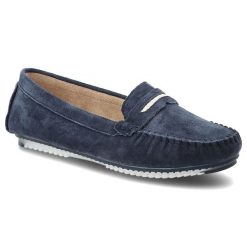 Mokasyny damskie S.Barski, cholewka ze skóry naturalnej zamszowej wsuwany fason z ozdobnym paskiem, granatowe, LR61-7029. Niebieskie mokasyny damskie S.BARSKI, ze skóry, eleganckie. Za 169.00 zł.