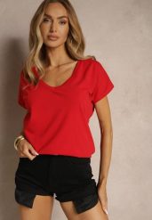 Czerwony T-shirt z Bawełny z Dekoltem w Serek Linithiela. Czerwone bluzki damskie Renee, l, bez wzorów, z bawełny, bez kołnierzyka. Za 39.99 zł.