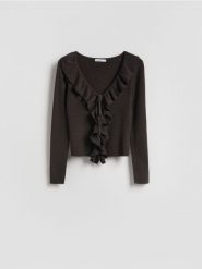 Sweter z falbanką - ciemnobrązowy. Brązowe swetry damskie Reserved, l, bez wzorów, z dzianiny, bez kołnierzyka, bez ramiączek, bez kaptura. Za 129.99 zł.