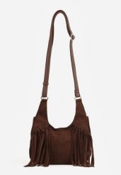 Brązowa Torebka w Stylu Boho z Imitacji Zamszu Ozdobiona Frędzlami na Długim Pasku na Ramię Megorre. Brązowe torby na ramię damskie Renee, bez wzorów, z jeansu, boho, bez dodatków. Za 119.99 zł.