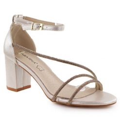 Sandały damskie na słupku z cyrkoniami złote Sabatina 730-1. Żółte sandały damskie Sabatina, bez wzorów, z materiału, bez obcasa, na słupku, bez zapięcia. Za 169.99 zł.