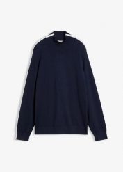 Cienki sweter z kontrastowymi detalami, z mieszanki wiskozy. Niebieskie swetry damskie bonprix, bez wzorów, z wiskozy, bez kołnierzyka, bez ramiączek, bez kaptura. Za 109.99 zł.