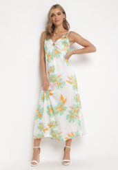 Biało-Zielona Maxi Sukienka na Regulowanych Ramiączkach Ozdobiona Metalowym Kółkiem przy Dekolcie Leamia. Białe sukienki damskie Born2be, na imprezę, na lato, l, bez wzorów, bez kołnierzyka, bez ramiączek, maxi. Za 109.99 zł.