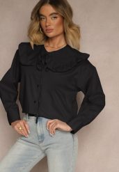 Czarna Koszula z Bawełny w Stylu Retro z Wiązaniem i Kołnierzykiem z Falbankami Firsela. Czarne bluzki damskie Renee, z aplikacjami, z bawełny, klasyczne, bez kołnierzyka, bez ramiączek. Za 89.99 zł.