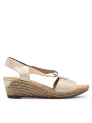 Rieker Sandały 624H6-60 Beżowy. Brązowe sandały damskie Rieker, bez wzorów, ze skóry, bez obcasa, na koturnie, bez zapięcia. Za 289.99 zł.