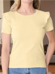 Prążkowana koszulka z falbankami - żółty. Żółte t-shirty damskie Sinsay, l, bez wzorów, prążkowane, bez kołnierzyka. W wyprzedaży za 12.99 zł.