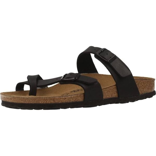 Klapki damskie Birkenstock Mayari BF. Czarne klapki damskie Birkenstock, z aplikacjami, z jeansu, eleganckie, bez obcasa. Za 516.00 zł.