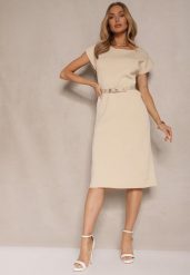 Beżowa Pudełkowa Sukienka z Wiskozą z Dodatkowym Paskiem z Klamrą Pollame. Brązowe sukienki damskie Renee, na co dzień, l, bez wzorów, z jeansu, eleganckie, bez kołnierzyka, bez ramiączek, midi, dopasowane. Za 84.99 zł.
