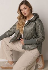 Zielona Kurtka z Kapturem Pikowana z Materiałowymi Wykończeniami Sofie. Zielone kurtki damskie Born2be, l, bez wzorów, z jeansu, z kapturem. Za 149.99 zł.