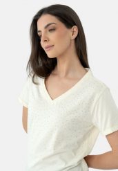 Koszulka z dżetami T-MELI. Białe t-shirty damskie Volcano, s, z aplikacjami, z bawełny, klasyczne, bez kołnierzyka. Za 69.99 zł.