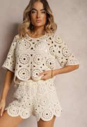 Jasnobeżowe Ażurowe Szorty z Bawełną i Gumką w Pasie Dlirina. Brązowe szorty damskie Renee, na lato, s, w ażurowe wzory, z bawełny, eleganckie. Za 99.99 zł.