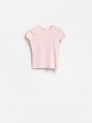T-shirt slim fit - pastelowy róż. Czerwone t-shirty damskie Reserved, l, bez wzorów, z bawełny, bez kołnierzyka. Za 25.99 zł.