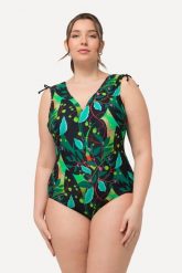 Damski Strój kąpielowy liście marszczone ramiona miękkie miseczki. Czarne kostiumy jednoczęściowe damskie Ulla Popken, plus size, bez wzorów, z elastanu, plus size, do pływania. Za 239.99 zł.