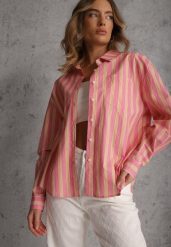 Różowa Koszula z Bawełny Oversize w Pionowe Paski Telaria. Czerwone bluzki damskie Renee, l, bez wzorów, z bawełny, bez kołnierzyka, bez ramiączek. Za 129.99 zł.