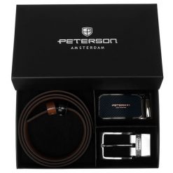 Zestaw prezentowy: dwustronny pasek skórzany w jasnobrązowym i czarnym kolorze Peterson PTN KL-B016S001 BL-BR. Brązowe paski damskie Peterson, bez wzorów, ze skóry, eleganckie. Za 139.99 zł.