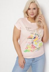 Różowy T-shirt z Bawełny z Nadrukiem i Metalicznym Napisem Norsemi. Czerwone bluzki damskie Born2be, xl, bez wzorów, z bawełny, bez kołnierzyka. Za 34.99 zł.