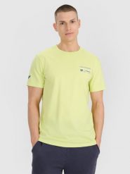 4F T-shirt regular z nadrukiem męski - zielony XL. Zielone koszulki sportowe męskie 4f, m, bez wzorów, z bawełny, eleganckie, bez kołnierzyka. Za 49.99 zł.