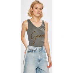 Guess Jeans - Top. Szare topy damskie Guess Jeans, z aplikacjami, z bawełny, bez rękawów. W wyprzedaży za 79.90 zł.