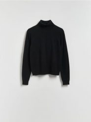 Wełniany sweter z golfem - czarny. Czarne swetry damskie Reserved, l, bez wzorów, z dzianiny, bez kołnierzyka, bez ramiączek, bez kaptura. Za 159.99 zł.