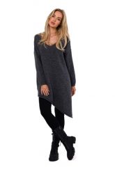 Asymetryczny Sweter Oversize - Szary. Szare swetry damskie MOE, uniwersalny, bez wzorów, z materiału, z asymetrycznym kołnierzem, bez ramiączek, bez kaptura. Za 246.90 zł.