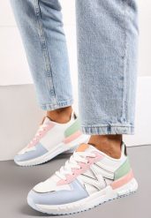 Biało-Niebieskie Sznurowane Sneakersy z Siateczkowymi Wstawkami Garnela. Białe obuwie sportowe damskie Born2be, bez wzorów, z jeansu. Za 49.99 zł.