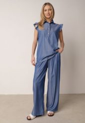 Niebieski Komplet z Wiskozą Szerokie Spodnie i Bluzka z Kołnierzykiem Nautiviane. Niebieskie spodnie materiałowe damskie Born2be, l, bez wzorów, z materiału. Za 99.99 zł.