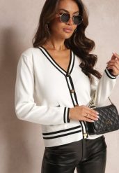 Biały Sweter Kardigan z Dekoltem w Serek i Naszywkami Nourn. Białe kardigany damskie Renee, z aplikacjami, z tkaniny, eleganckie. Za 149.99 zł.