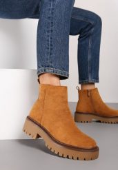 Brązowe Botki na Platformie w Stylu Sztybletów Erisiana. Brązowe botki damskie Renee, bez obcasa, na platformie, bez zapięcia. Za 129.99 zł.