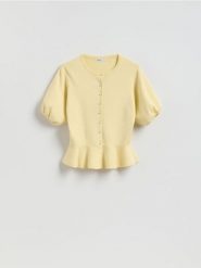 Kardigan z baskinką - jasnożółty. Żółte kardigany damskie Reserved, l, bez wzorów, z bawełny. Za 139.99 zł.