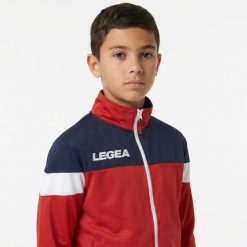 Kurtka sportowa Bolivia czerwona-niebieska. Czerwone kurtki męskie Legea, m, z aplikacjami, z poliesteru, sportowe, bez kaptura. Za 72.00 zł.