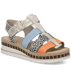 Skórzane sandały damskie na koturnie Rieker V7904-90. Sandały damskie Rieker, bez wzorów, ze skóry ekologicznej, bez obcasa, na koturnie, bez zapięcia. Za 349.00 zł.