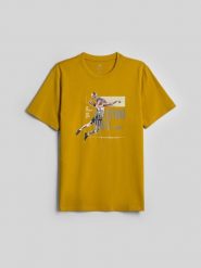 4F T-shirt regular z nadrukiem męski - żółty M. Żółte t-shirty męskie 4f, m, bez wzorów, z bawełny, klasyczne, bez kołnierzyka. Za 79.99 zł.