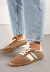 Ciemnobeżowe Sneakersy Tenisówki z Ozdobnymi Paskami Jenavena. Brązowe trampki i tenisówki damskie Born2be, bez wzorów, klasyczne, bez zapięcia. Za 69.99 zł.