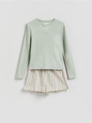 Dwuczęściowa piżama z nadrukiem - jasnozielony. Zielone piżamy damskie Reserved, l, bez wzorów, z bawełny, bez ramiączek. Za 109.99 zł.