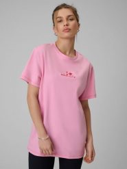 4F T-shirt oversize z nadrukiem damski - różowy L. Czerwone t-shirty damskie 4f, l, bez wzorów, z dzianiny, bez kołnierzyka. Za 79.99 zł.