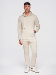 Komplet dresowy męski set bluza z kapturem + spodnie regular fit - beżowy V1 - Rozmiar: L. Brązowe bluzy męskie Ombre Clothing, l, z aplikacjami, z bawełny, trekkingowe. Za 339.99 zł.