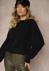 Czarny Sweter z Wiskozą i Splotem w Stylu Warkocz z Półgolfem Sinithia. Czarne swetry damskie Renee, na zimę, bez wzorów, z wiskozy, casualowe, bez kołnierzyka, bez ramiączek, bez kaptura. Za 99.99 zł.