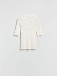 T-shirt z mikromodalu - złamana biel. T-shirty damskie Reserved, l, bez wzorów, z dzianiny, bez kołnierzyka. Za 99.99 zł.