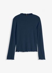 Shirt w prążek, z długim rękawem. Niebieskie bluzki damskie bonprix, bez wzorów, bez kołnierzyka, bez ramiączek. Za 67.99 zł.