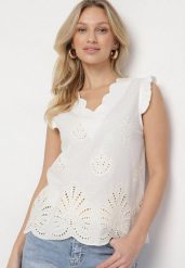 Biała Ażurowa Bluzka z Bawełny z Falbankami Tatiriana. Białe bluzki damskie Born2be, l, w ażurowe wzory, z bawełny, eleganckie, bez kołnierzyka, bez ramiączek. Za 69.99 zł.