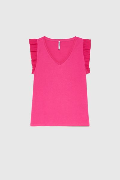 Bluzka z bawełny różowa. Czerwone bluzki damskie MOODO, l, bez wzorów, z bawełny, bez kołnierzyka, bez ramiączek. Za 49.99 zł.