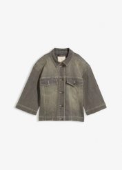 Kurtka jeansowa, rękaw 3/4. Szare kurtki damskie bonprix, bez wzorów, z jeansu, bez kaptura. Za 179.99 zł.