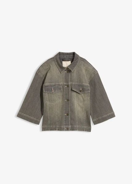 Kurtka jeansowa, rękaw 3/4. Szare kurtki damskie bonprix, bez wzorów, z jeansu, bez kaptura. Za 159.99 zł.
