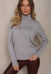 Jasnoszary Golf Sweterkowy o Klasycznym Kroju Neritale. Szare swetry damskie Renee, na jesień, l, z aplikacjami, klasyczne, bez kołnierzyka, bez ramiączek, długie, bez kaptura. Za 49.99 zł.