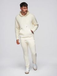 Komplet dresowy męski set bluza z kapturem + spodnie regular fit - kremowy V11 - Rozmiar: M. Białe bluzy męskie Ombre Clothing, m, z aplikacjami, z bawełny, z kapturem. Za 339.99 zł.