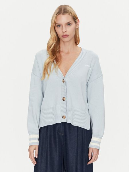 Guess Jeans Kardigan W4BR81 Z3HM1 Błękitny Regular Fit. Niebieskie kardigany damskie Guess Jeans, xl, z aplikacjami, z bawełny, bez kołnierzyka, bez ramiączek, bez kaptura. Za 219.99 zł.