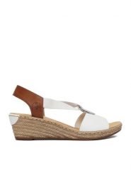 Rieker Sandały CEO-624H6-81 Biały. Białe sandały damskie Rieker, bez wzorów, ze skóry, bez obcasa, na koturnie, bez zapięcia. Za 299.99 zł.