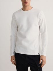 Longsleeve regular z dzianiny w prążek - złamana biel. Bluzki z długim rękawem męskie Reserved, l, bez wzorów, z bawełny, bez kołnierzyka. W wyprzedaży za 59.99 zł.