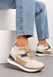 Beżowe Sneakersy na Ukrytym Niewysokim Koturnie z Brokatem Fioralan. Brązowe obuwie sportowe damskie Renee, bez wzorów. Za 119.99 zł.