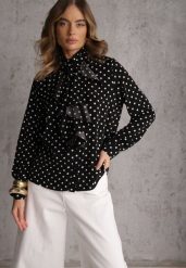 Czarna Falbaniasta Koszula z Wiskozy w Kropki ze Stójką Aegista. Czarne bluzki damskie Renee, m, bez wzorów, z jeansu, bez kołnierzyka, bez ramiączek. Za 129.99 zł.